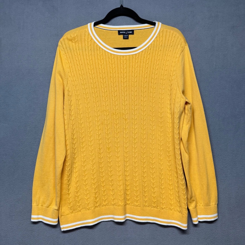 Nautica Jeans Cable Knit Crewneck Long Sleeve Sweater XL Yellow Preppy Bright